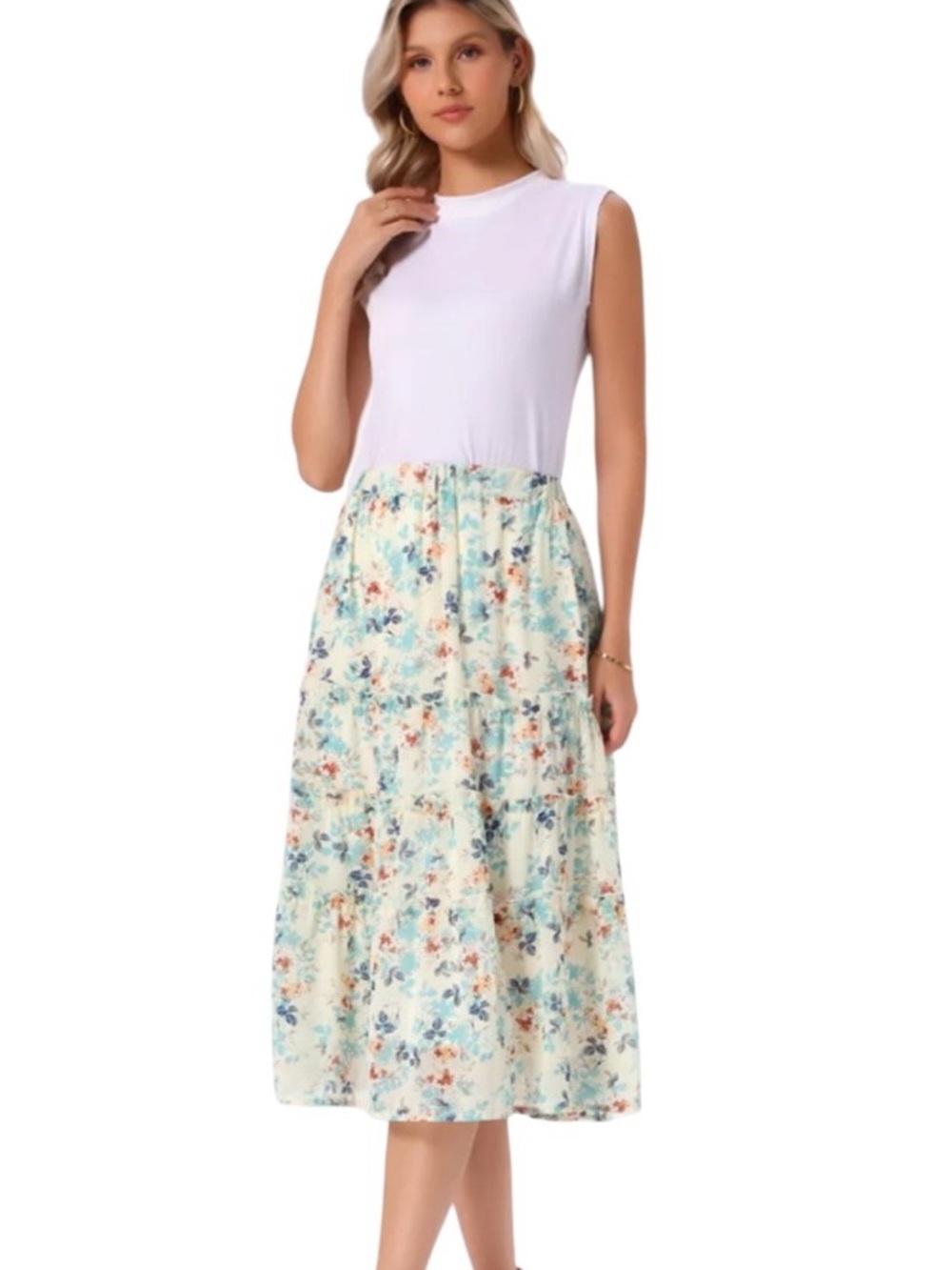 Women's Floral Print Elastic‎ Waist Ruffle Maxi Tiered Skirt XL